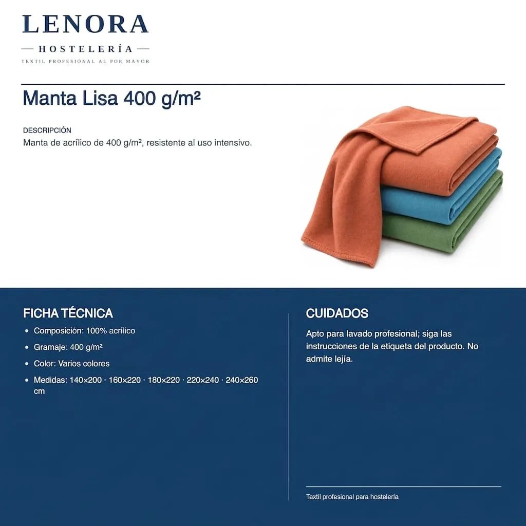 Ficha técnica de la manta lisa 400 g/m²: composición, colores y medidas.
