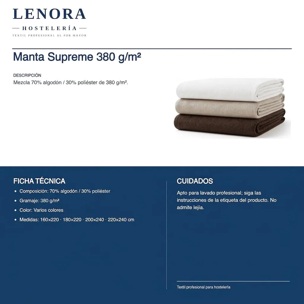 Ficha técnica de la manta Supreme 380 g/m²: composición, colores y medidas