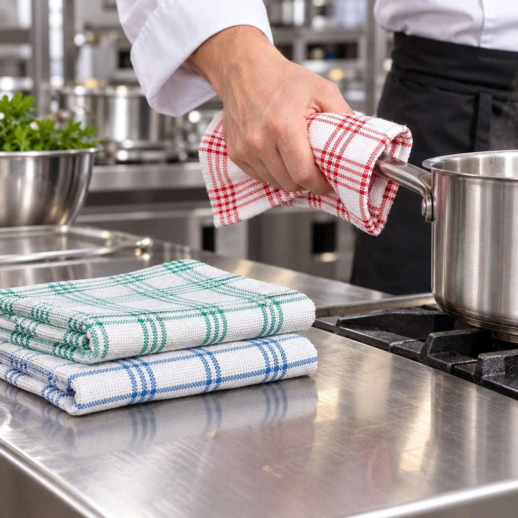 Paños de cocina profesionales de cuadros en cocina de restaurante