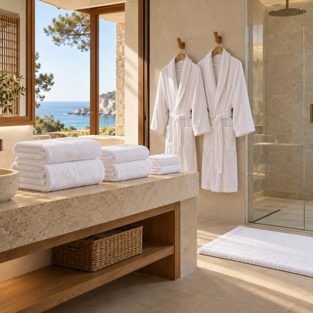 Toallas, alfombrín y dos albornoces blancos en baño spa de hotel