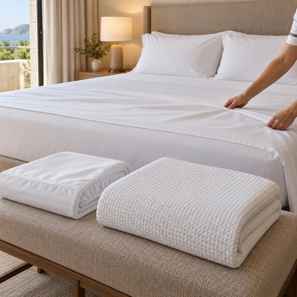 Cama de hotel completa con sábanas, protector y colcha preparados