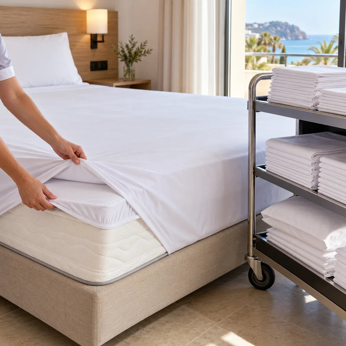 Protector y sábanas blancas preparados para vestir una cama de hotel