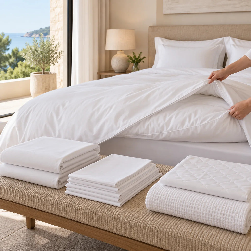 Preparación de cama de hotel con funda nórdica y ropa de cama blanca