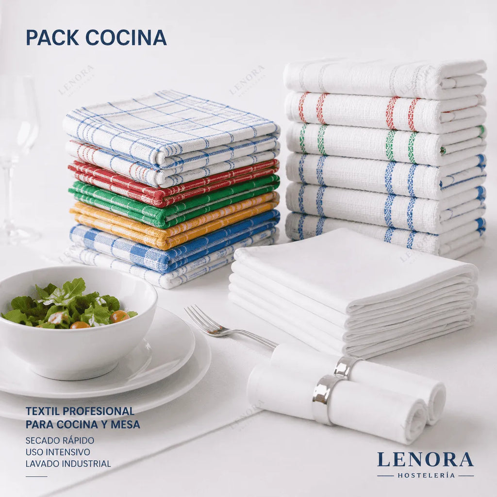 Pack Cocina con paños profesionales de colores apilados