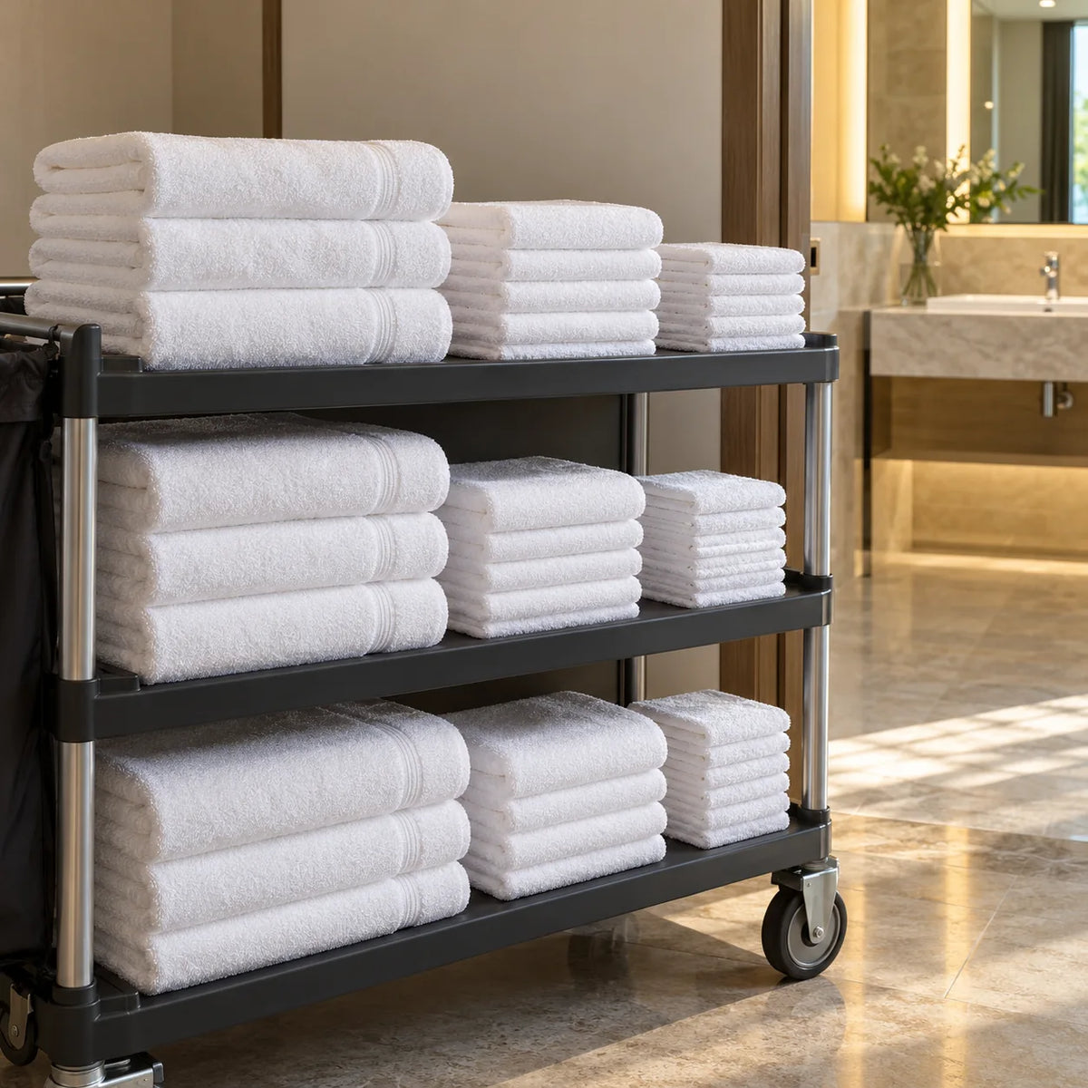 Juegos de toallas blancas de tres tamaños en carro de housekeeping