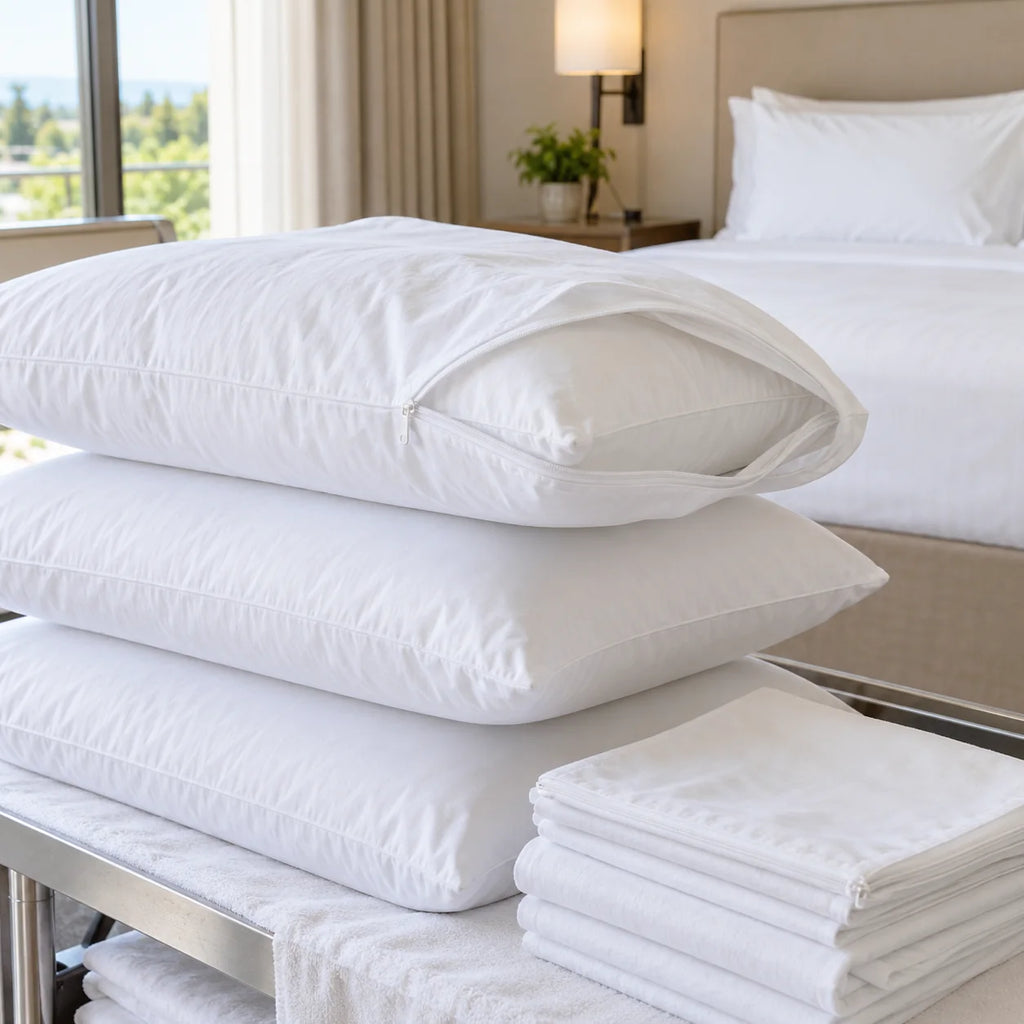 Almohadas blancas y fundas protectoras preparadas para una habitación de hotel