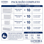 Contenido del Pack Baño Completo: toalla de baño, manos, tocador y alfombrín, 10 unidades de cada