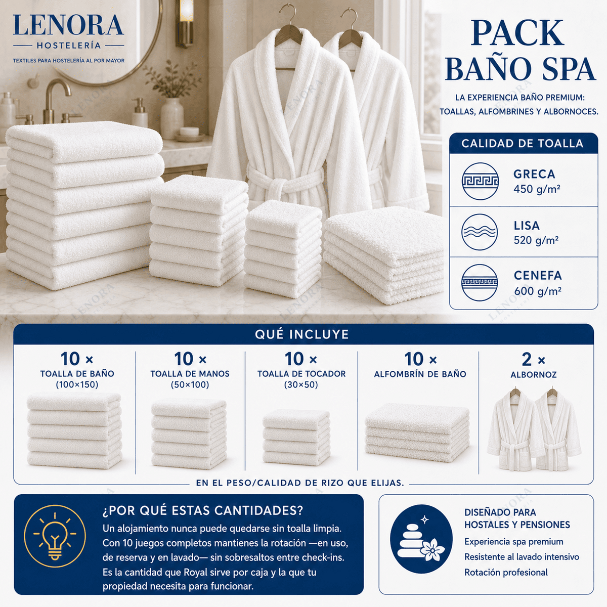 Pack Baño Spa con toallas y albornoces, indicando calidades y cantidades