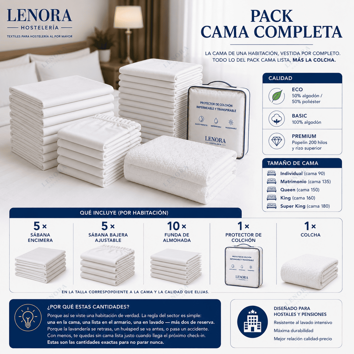Pack Cama Completa con sábanas, fundas, protector y colcha por habitación