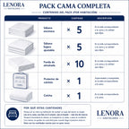 Contenido del Pack Cama Completa: 5 encimeras, 5 bajeras, 10 fundas, protector y colcha