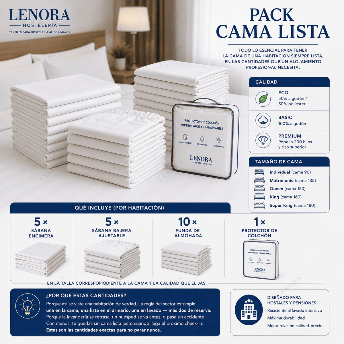 Pack Cama Lista con sábanas, fundas de almohada y protector por habitación