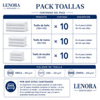 Contenido del Pack Toallas: toalla de baño, manos y tocador, 10 unidades de cada