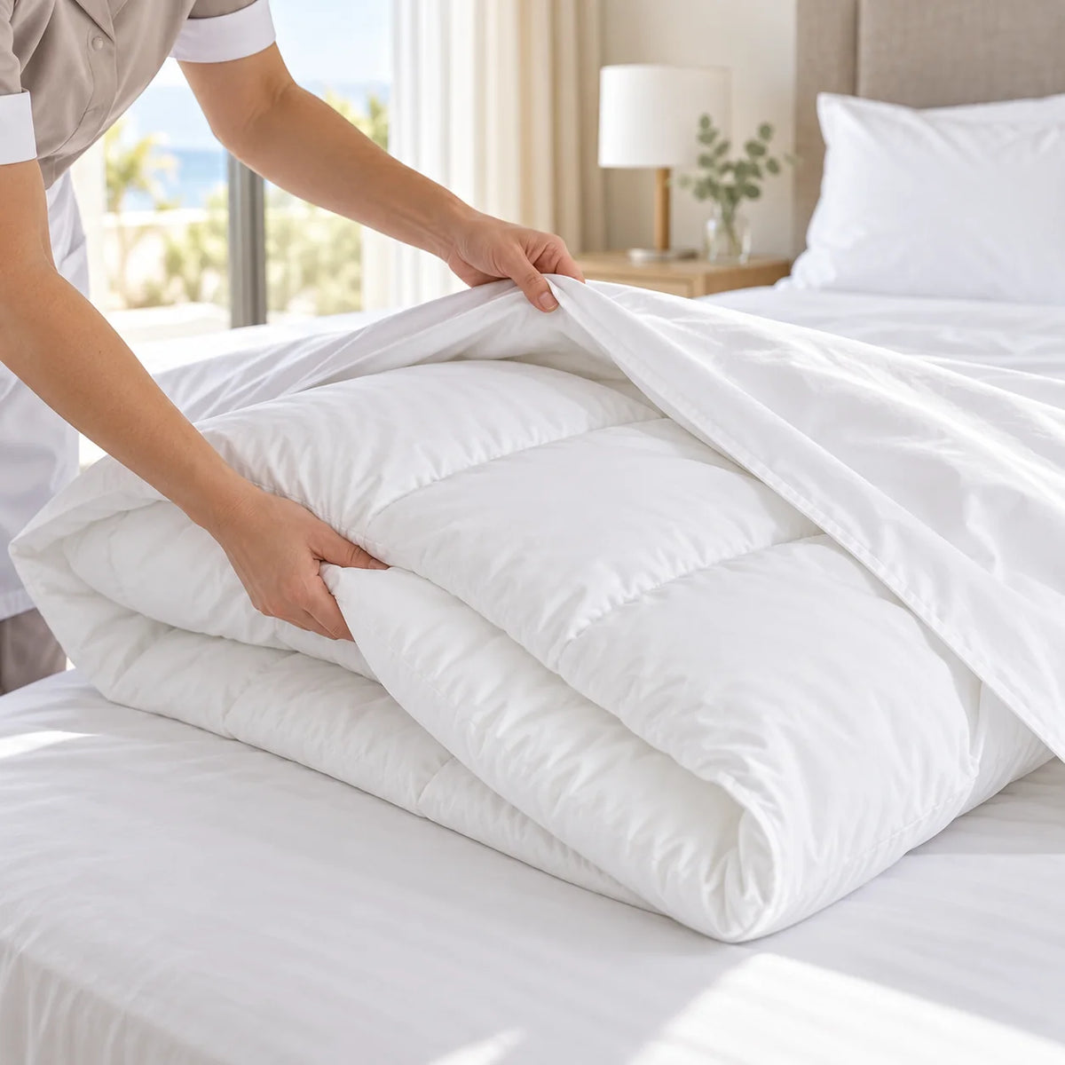 Colocación de relleno nórdico blanco dentro de funda nórdica de hotel