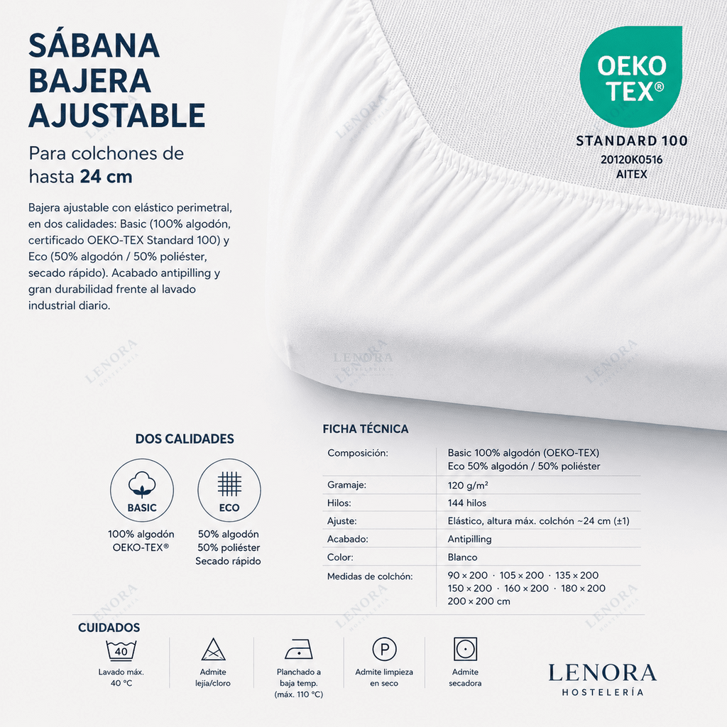 Ficha técnica de la sábana bajera ajustable con certificación OEKO-TEX, para colchones de hasta 24 cm