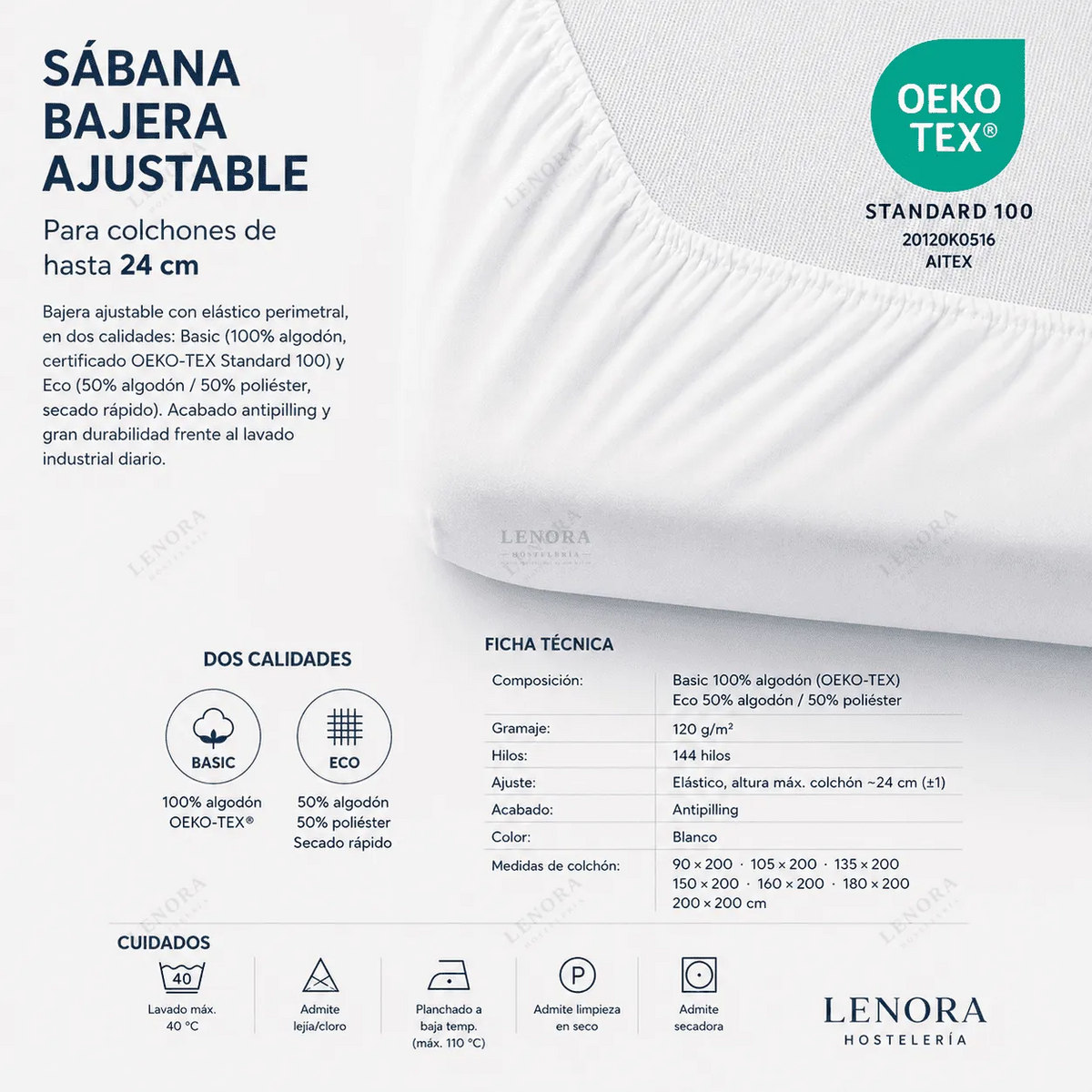 Ficha técnica de la sábana bajera ajustable con certificación OEKO-TEX, para colchones de hasta 24 cm