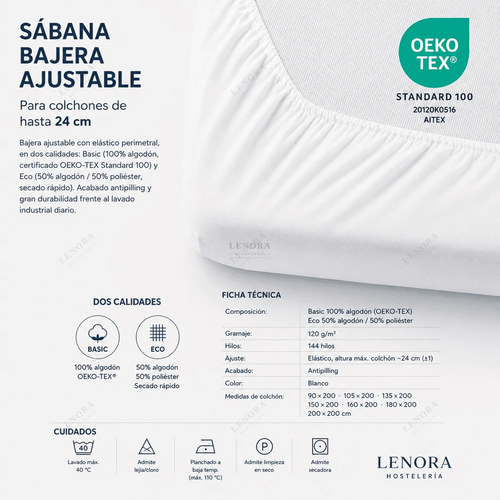Ficha técnica de la sábana bajera ajustable con certificación OEKO-TEX, para colchones de hasta 24 cm