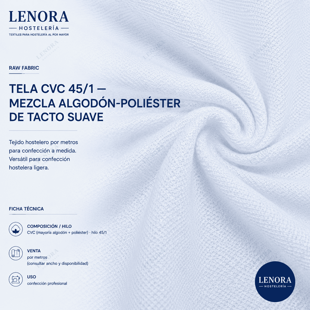Ficha técnica de la tela CVC 45/1, mezcla de algodón y poliéster de tacto suave