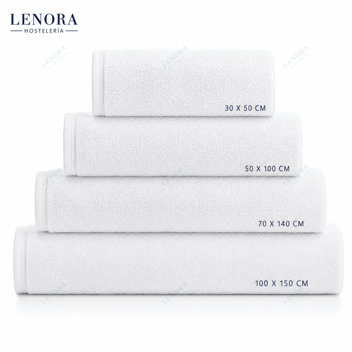 Toallas lisas blancas apiladas con sus medidas: 30x50, 50x100, 70x140 y 100x150 cm