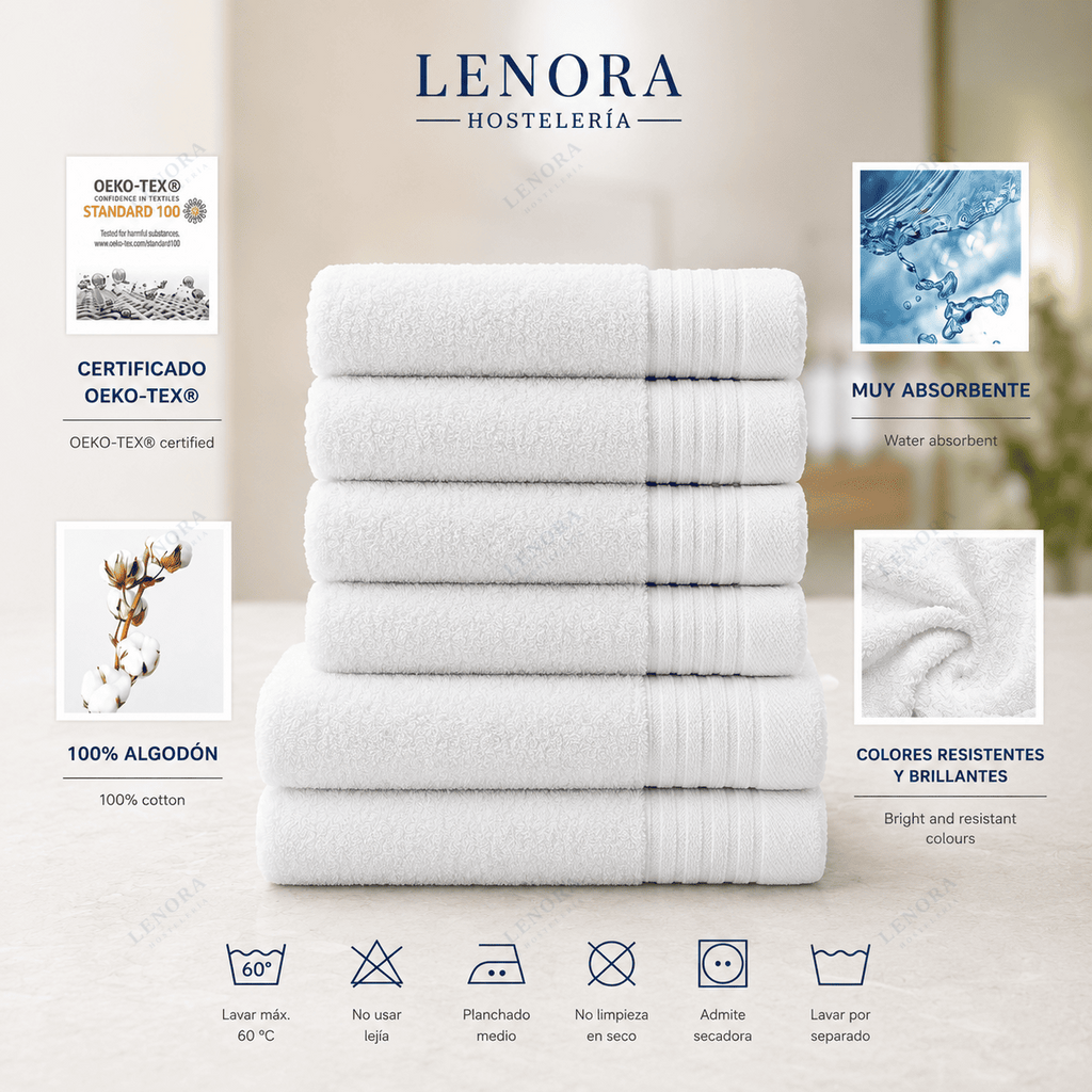 Toallas con cenefa de líneas apiladas con sus certificaciones OEKO-TEX