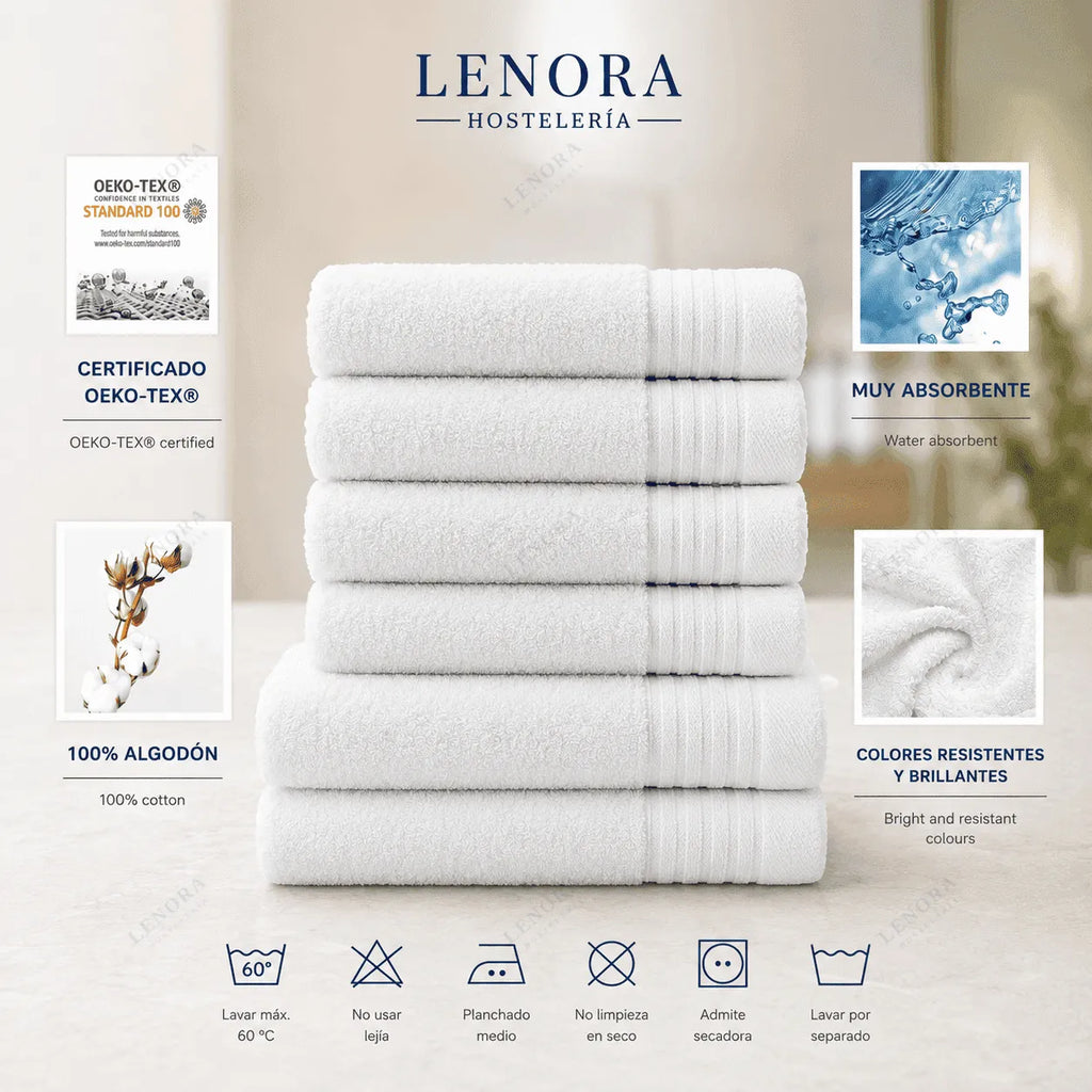 Toallas con cenefa de líneas apiladas con sus certificaciones OEKO-TEX