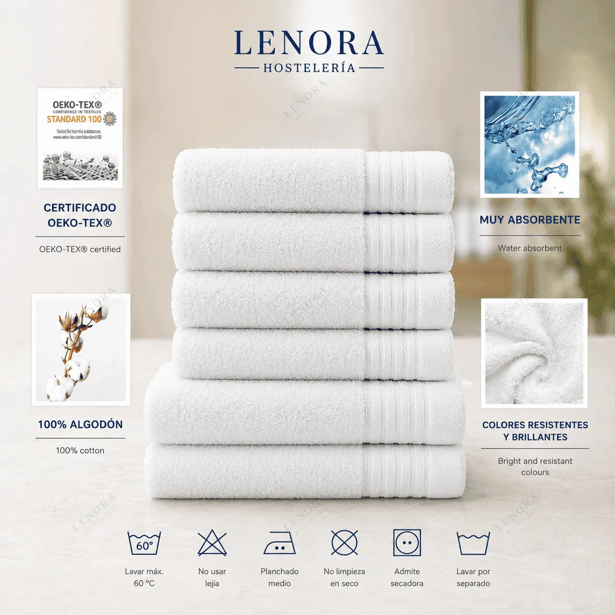 Toallas con cenefa de líneas apiladas con sus certificaciones OEKO-TEX