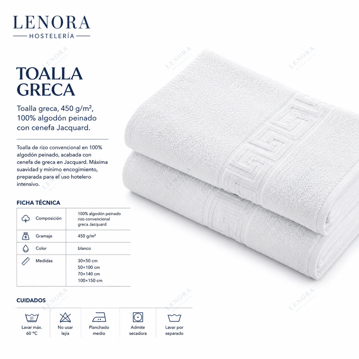 Ficha técnica de la toalla greca 450 g/m² con cenefa en Jacquard