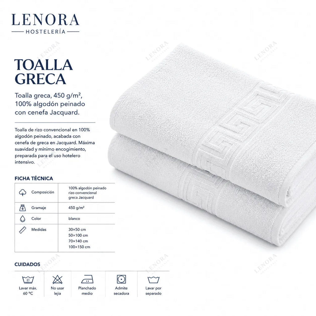 Ficha técnica de la toalla greca 450 g/m² con cenefa en Jacquard