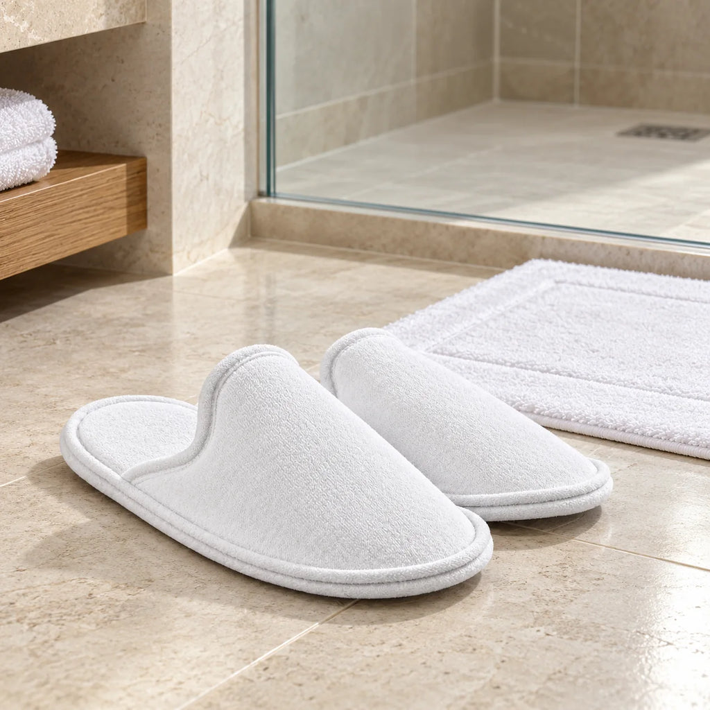 Par de zapatillas blancas de rizo junto a ducha de hotel