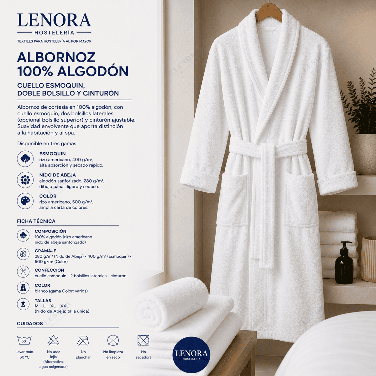 Ficha técnica del albornoz 100% algodón con cuello esmoquin, doble bolsillo y cinturón