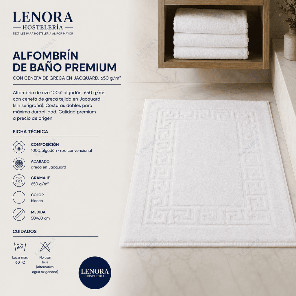 Ficha técnica del alfombrín de baño premium con cenefa de greca en Jacquard, 650 g/m²