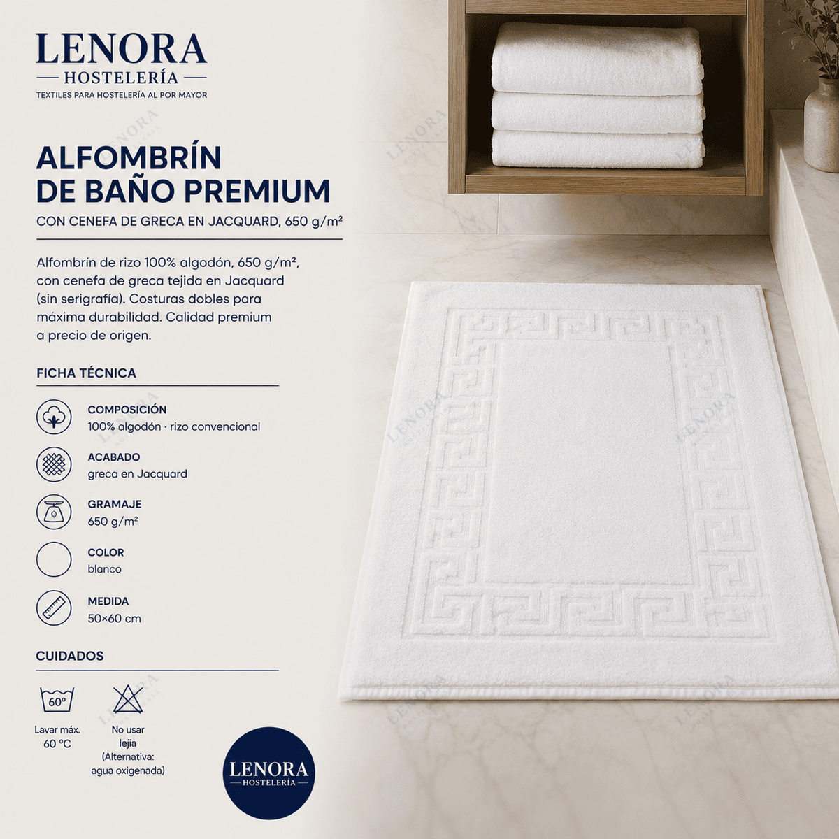 Ficha técnica del alfombrín de baño premium con cenefa de greca en Jacquard, 650 g/m²