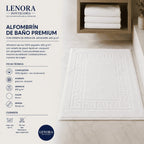 Ficha técnica del alfombrín de baño premium con cenefa de greca en Jacquard, 650 g/m²