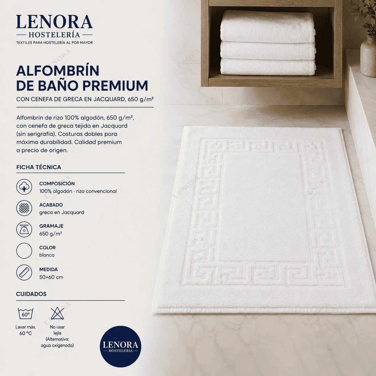 Ficha técnica del alfombrín de baño premium con cenefa de greca en Jacquard, 650 g/m²