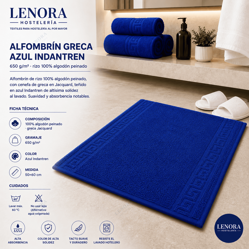 Ficha técnica del alfombrín de greca azul Idanthren 650 g/m² en algodón peinado