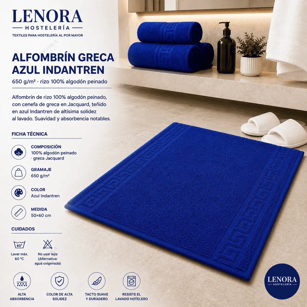 Ficha técnica del alfombrín de greca azul Idanthren 650 g/m² en algodón peinado