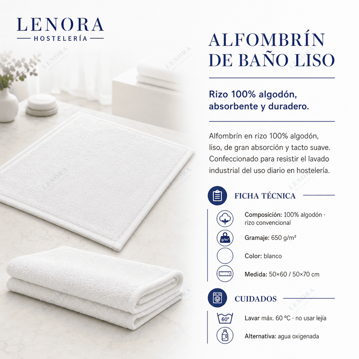 Ficha técnica del alfombrín de baño liso 650 g/m² en rizo de algodón