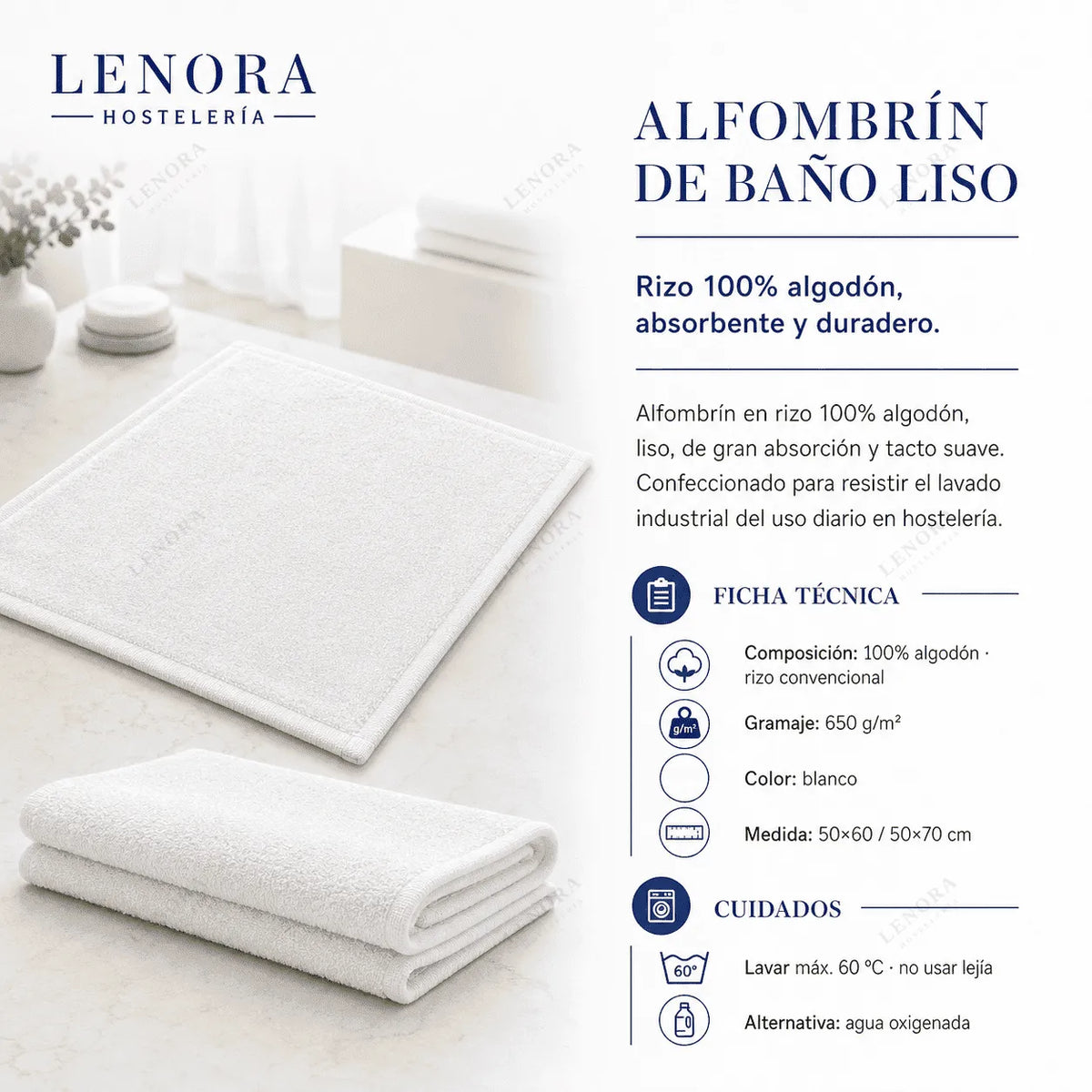Ficha técnica del alfombrín de baño liso 650 g/m² en rizo de algodón