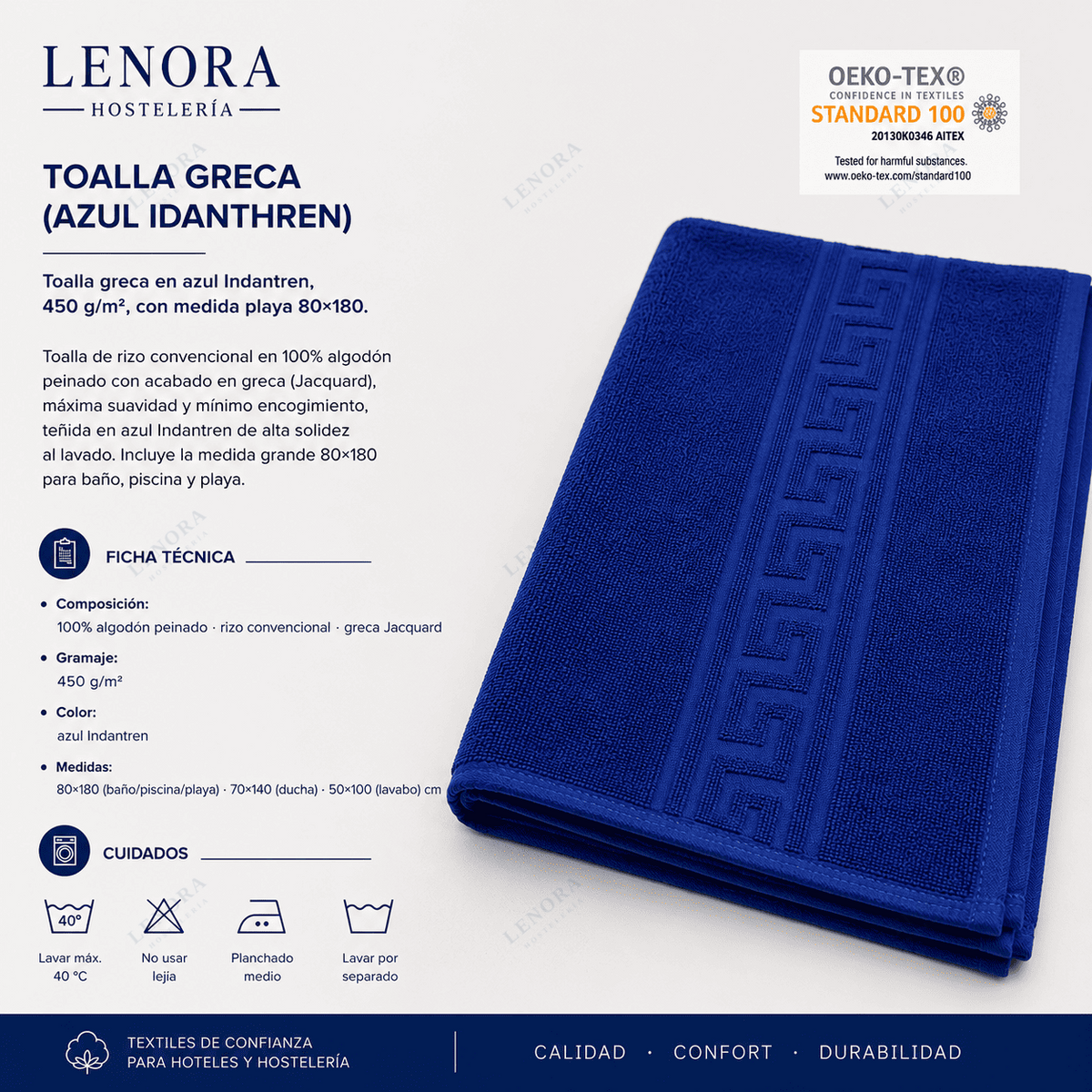 Ficha técnica de la toalla greca azul Idanthren 450 g/m² con certificación OEKO-TEX
