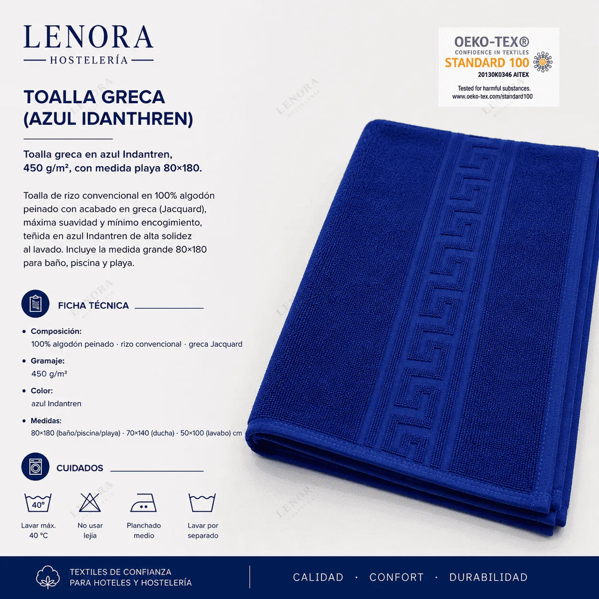 Ficha técnica de la toalla greca azul Idanthren 450 g/m² con certificación OEKO-TEX