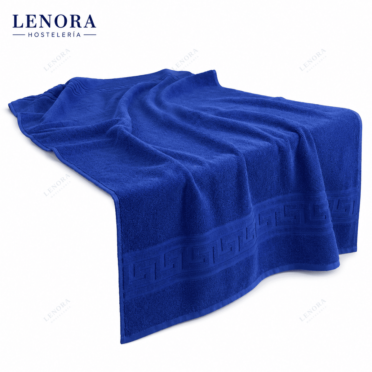 Toalla de greca azul Idanthren extendida mostrando la cenefa