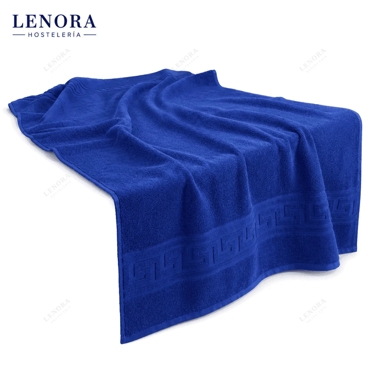 Toalla de greca azul Idanthren extendida mostrando la cenefa