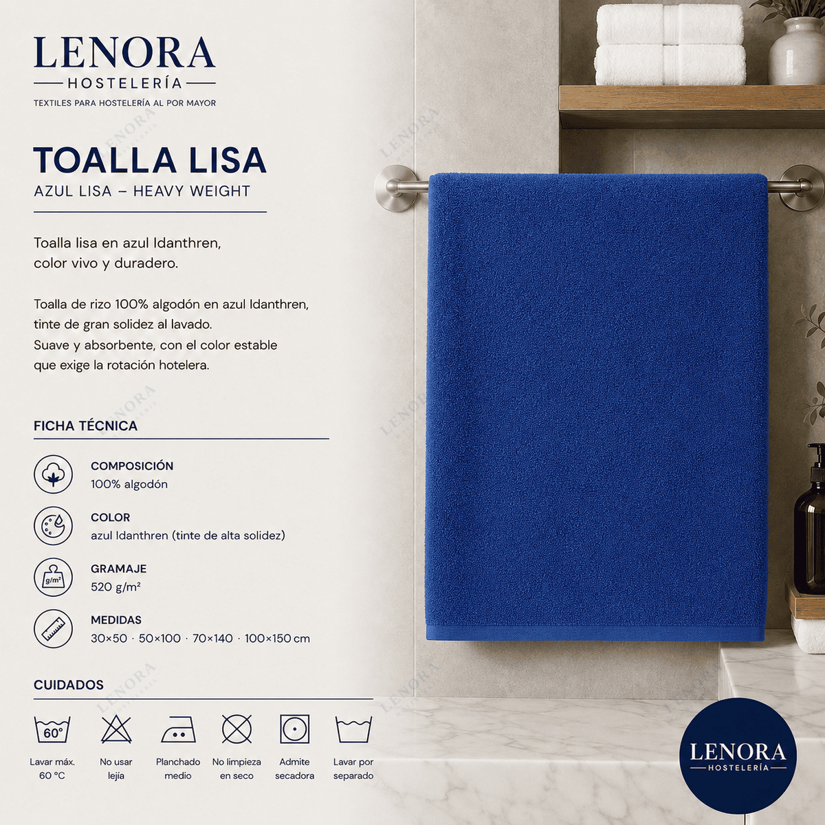 Ficha técnica de la toalla lisa azul Idanthren 520 g/m² en algodón peinado