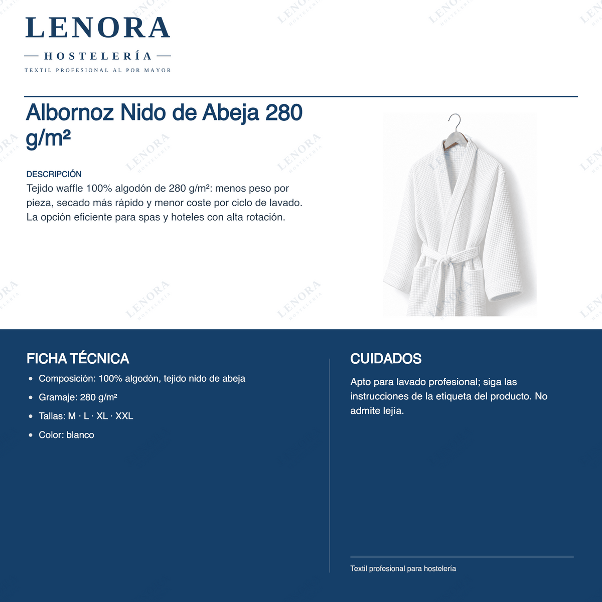 Ficha técnica del albornoz nido de abeja 280 g/m²: composición, gramaje, tallas y cuidados