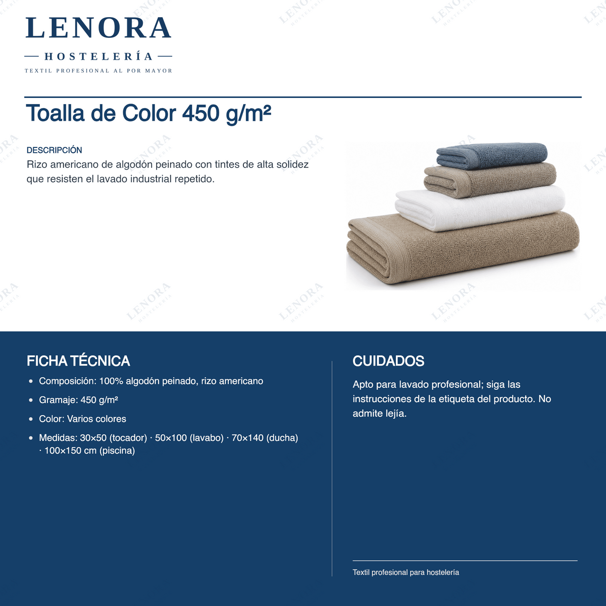Ficha técnica de la toalla de color 450 g/m² en algodón peinado