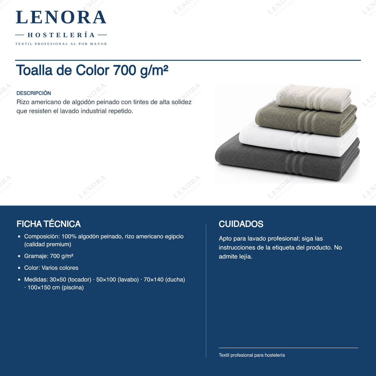 Ficha técnica de la toalla de color 700 g/m² en algodón egipcio premium
