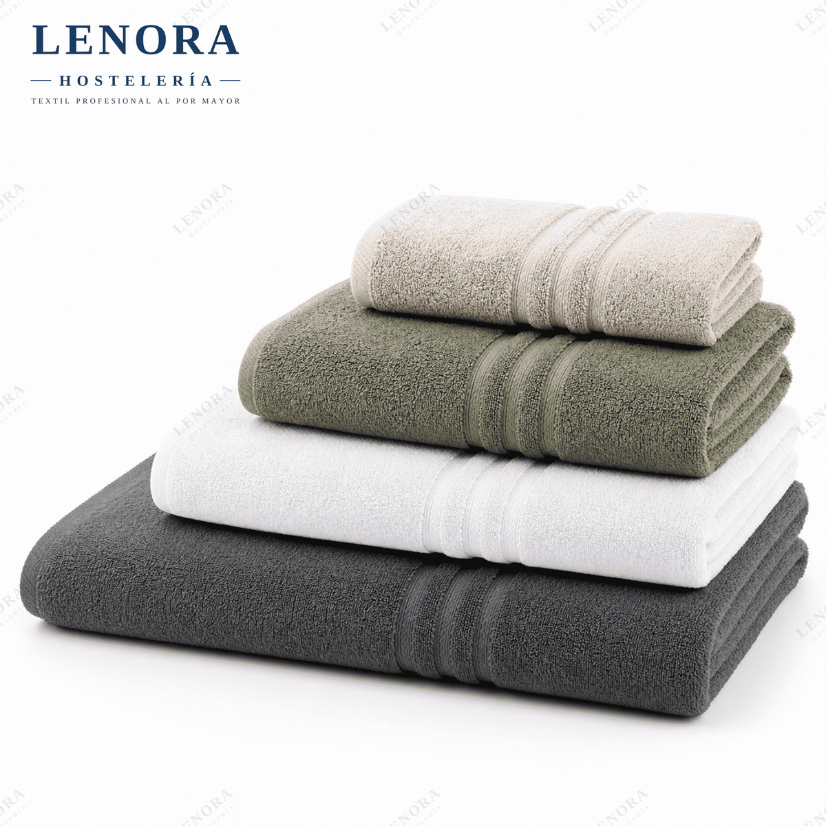 Toallas de color 700 g/m² apiladas en beige, verde y antracita