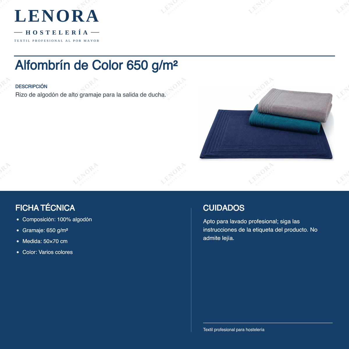 Ficha técnica del alfombrín de color 650 g/m²: composición, gramaje y medidas