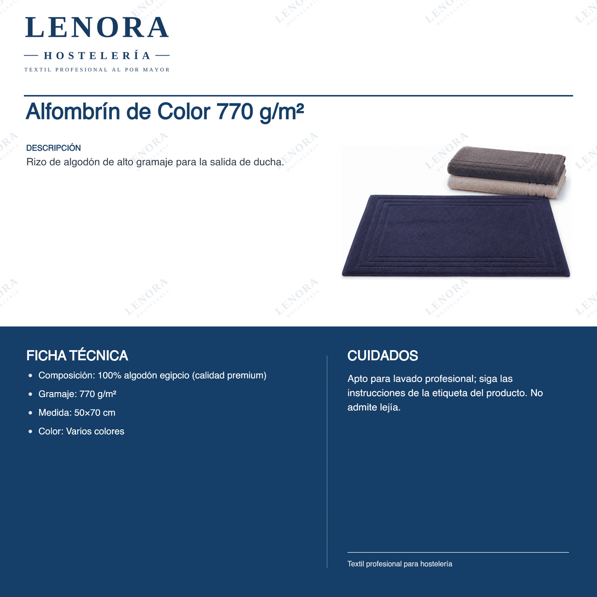 Ficha técnica del alfombrín de color 770 g/m² en algodón peinado