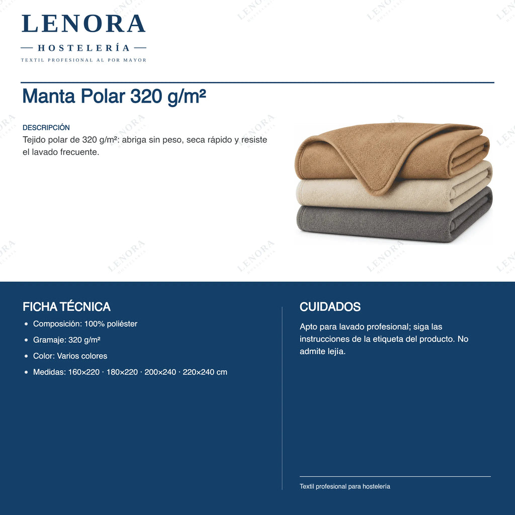Ficha técnica de la manta polar 320 g/m²: composición, colores y medidas
