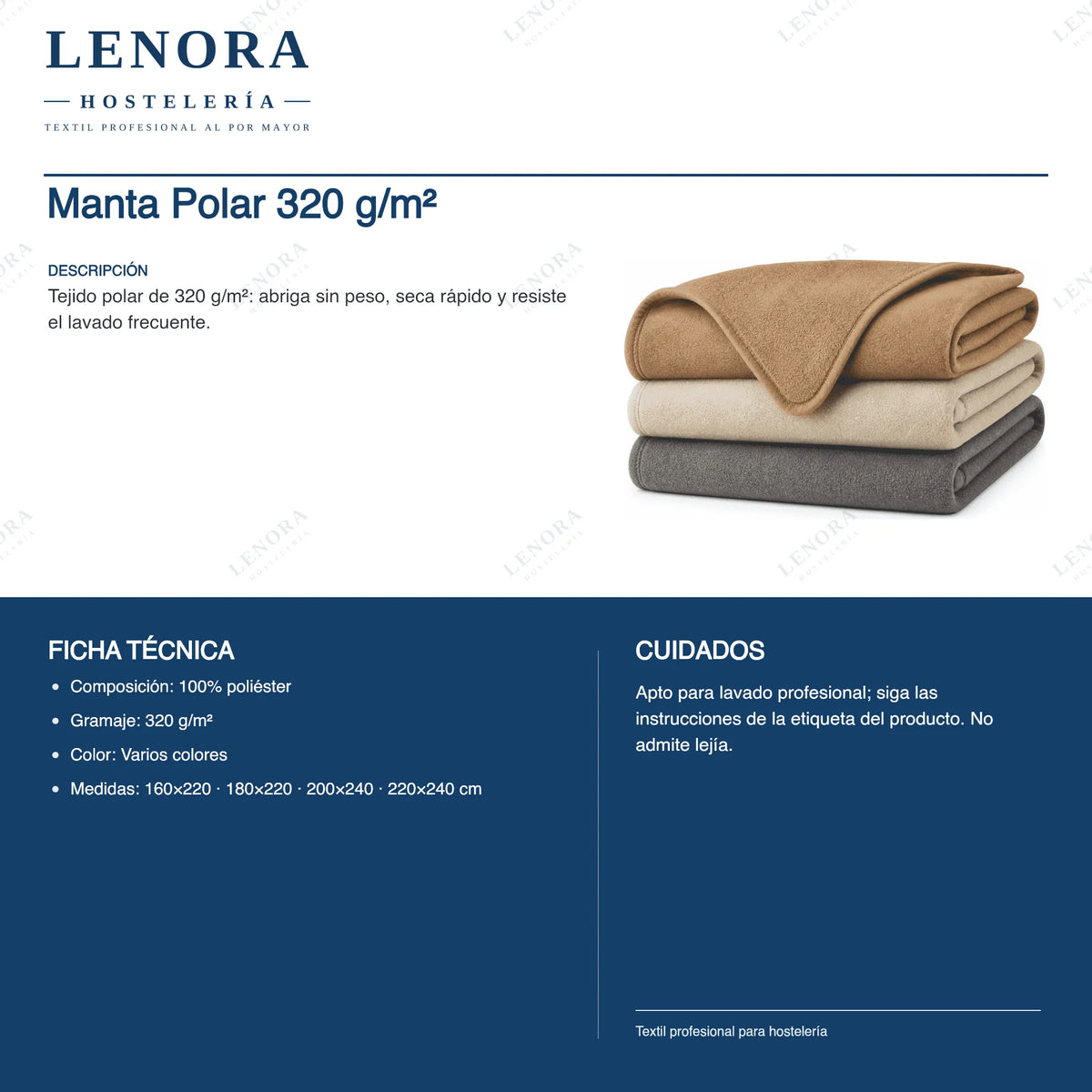 Ficha técnica de la manta polar 320 g/m²: composición, colores y medidas